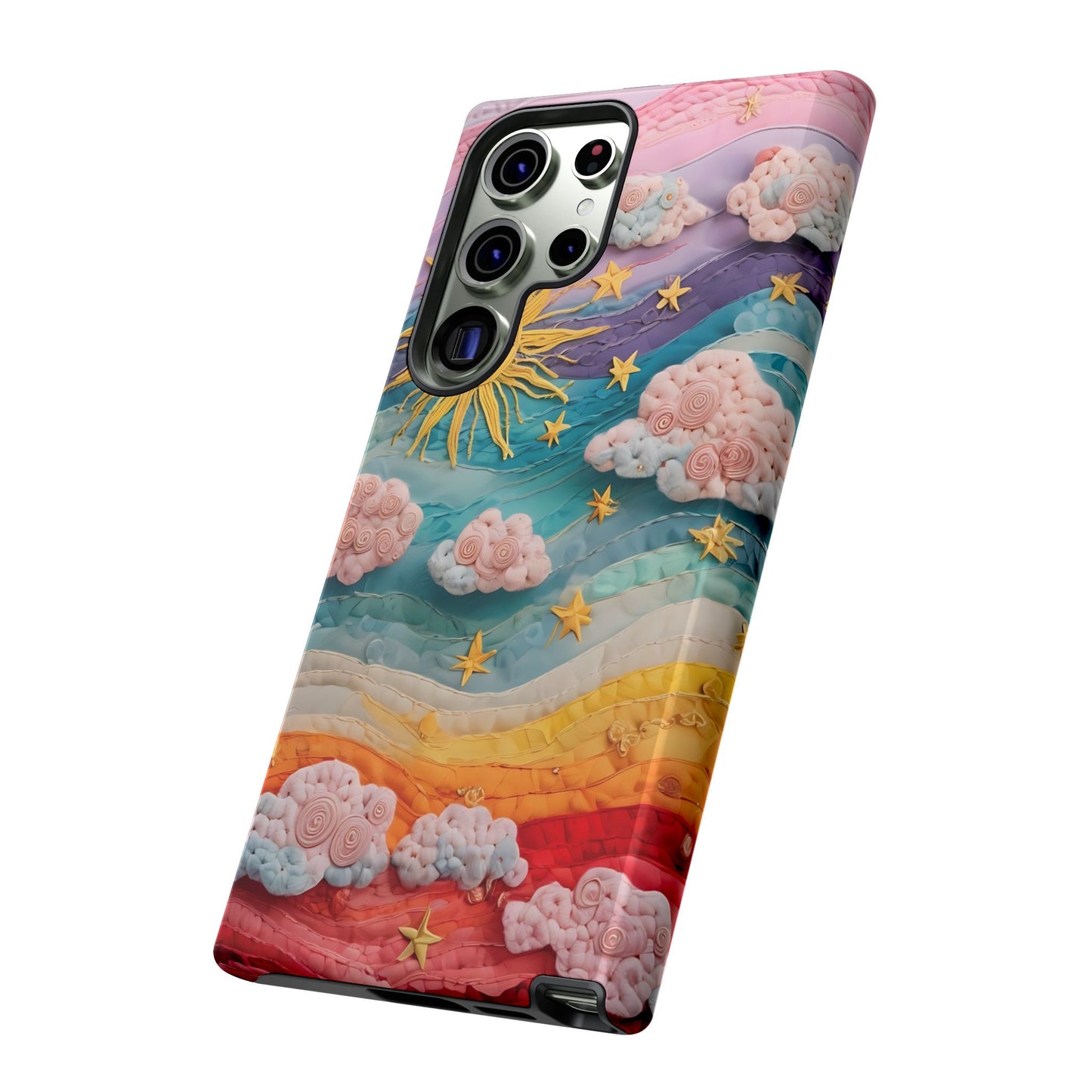Whimsical Fiber Art Sky Scene With Dynamic Stripes And Clouds phone case design.