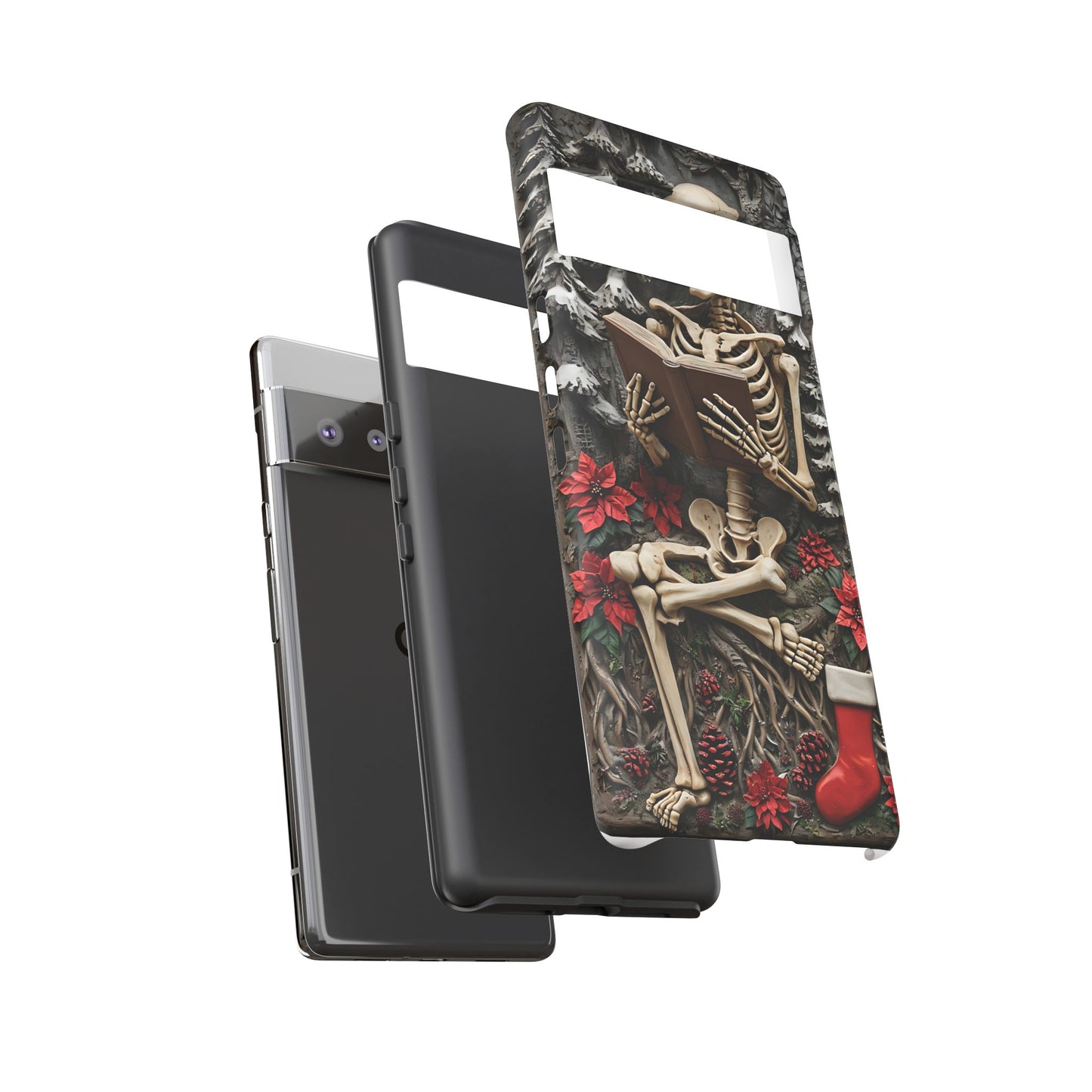Surreal Relief Sculpture of Skeleton Reading Amidst Festive Decor phone case design
