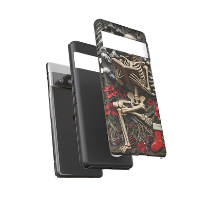 Surreal Relief Sculpture of Skeleton Reading Amidst Festive Decor phone case design