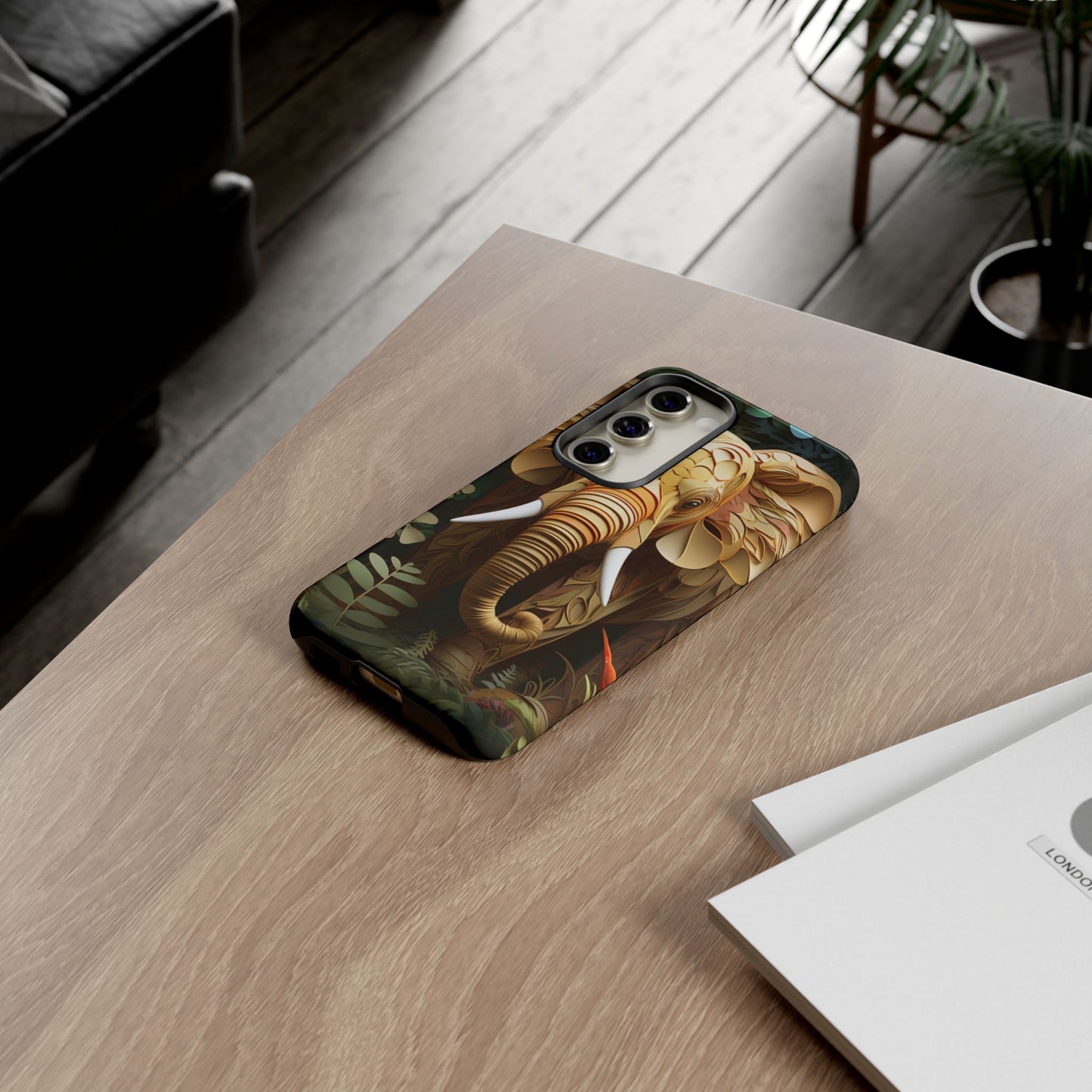 Golden Jungle Elephant Mobile Cover – Intricate Paper Art Design