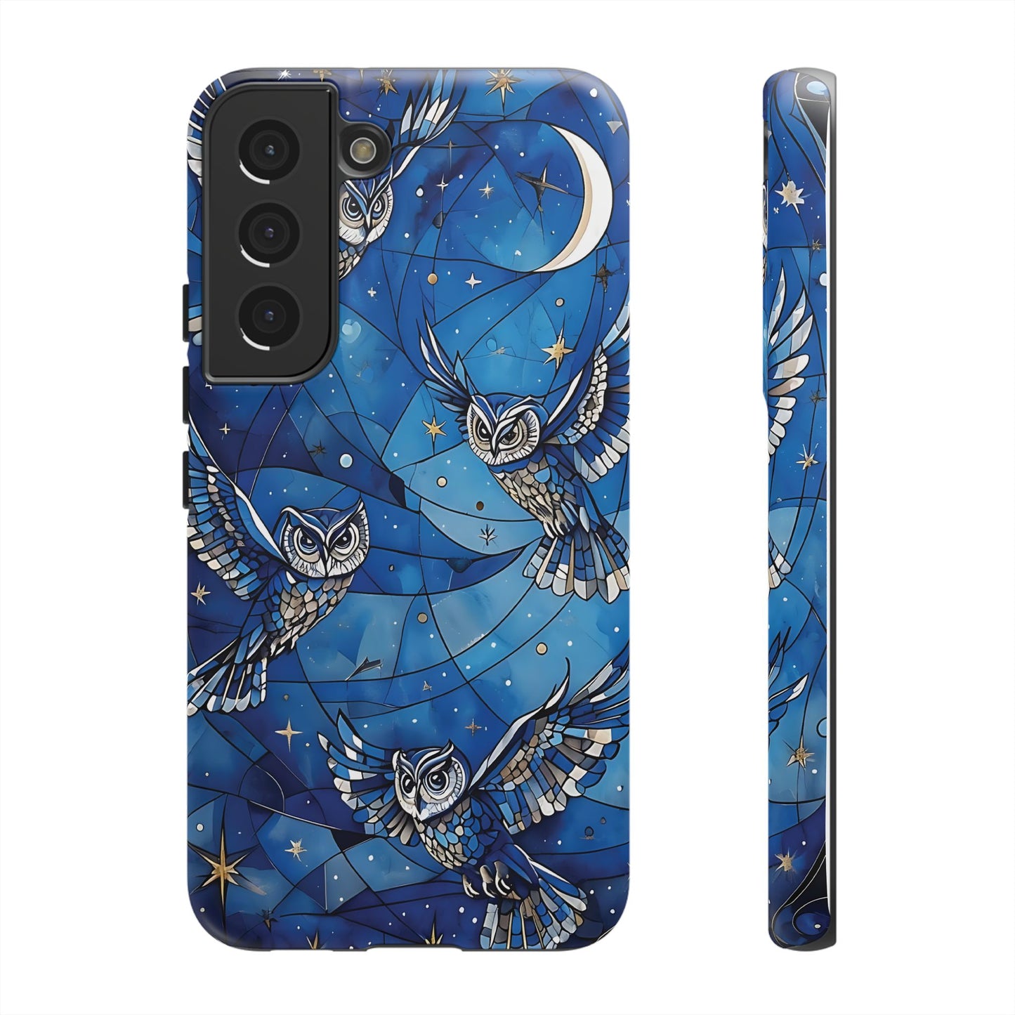 Surrealistic Owls Soaring Through A Celestial Night Sky phone case design.
