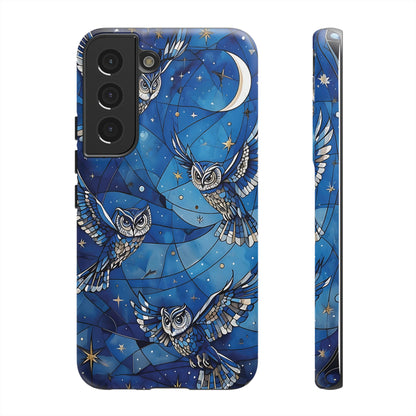 Surrealistic Owls Soaring Through A Celestial Night Sky phone case design.