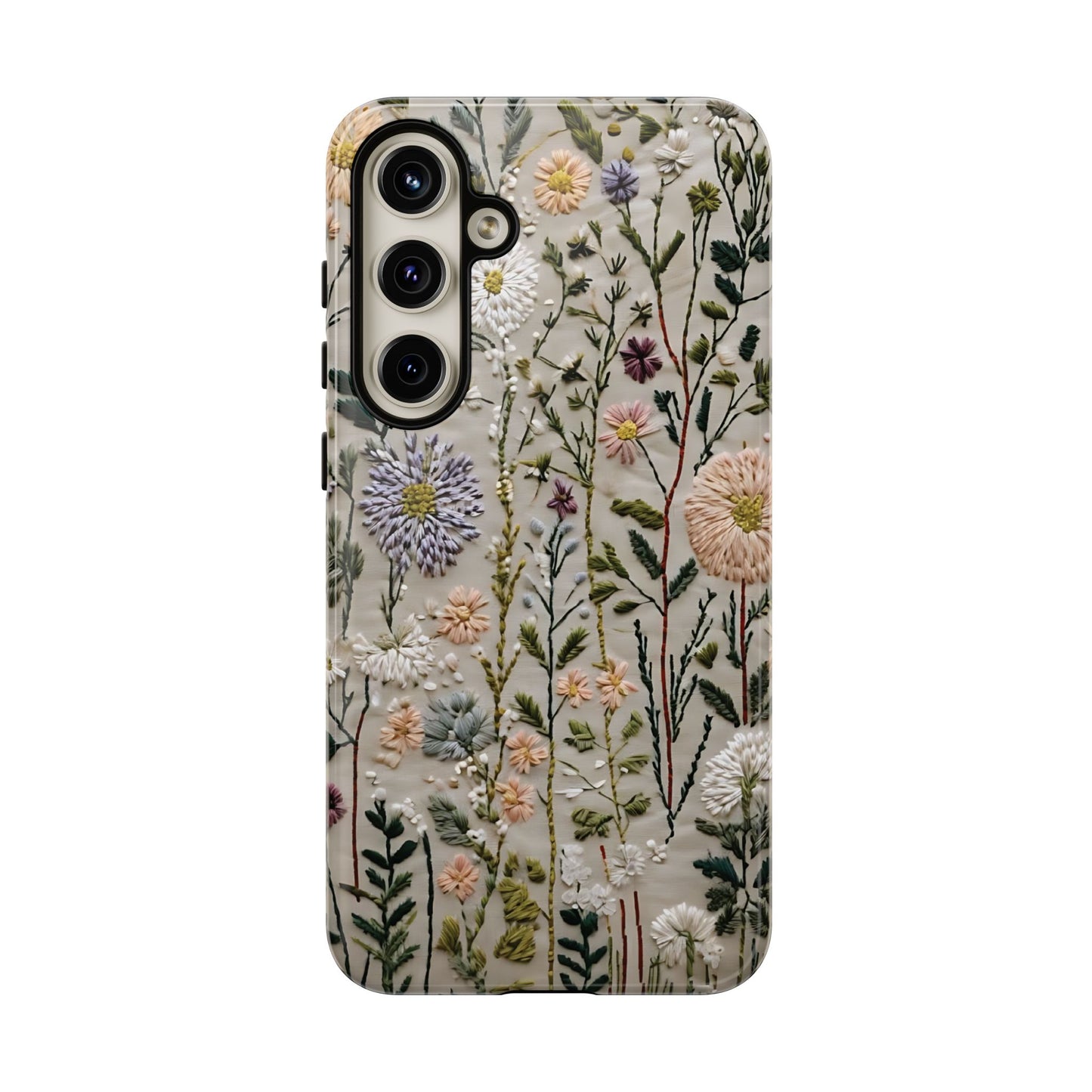 Intricate Embroidery Artwork Featuring Botanical Elements On Beige phone case design.