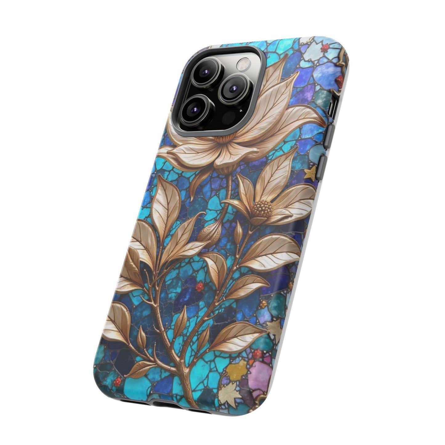 Golden Blossoms on Mosaic Blue Elegance