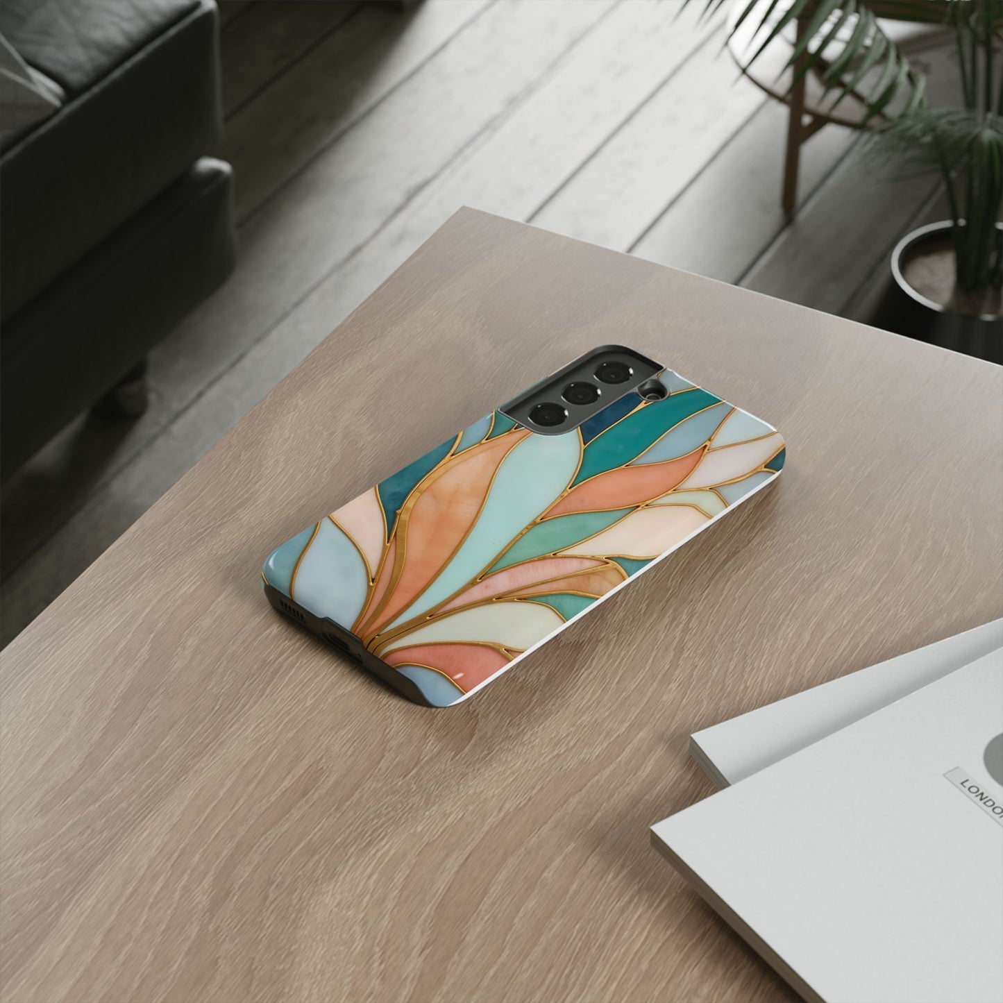 Geometric Leaves: Teal, Peach, and Gold Harmony
