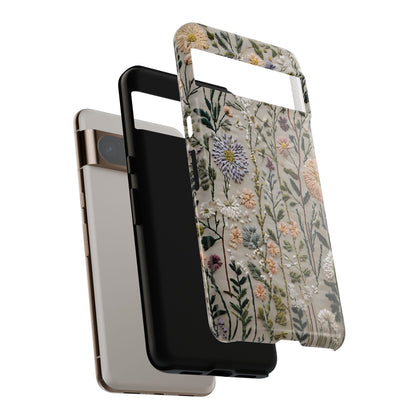 Intricate Embroidery Artwork Featuring Botanical Elements On Beige phone case design.