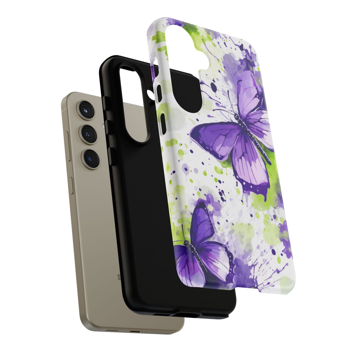 Vibrant Purple Butterfly Splash Mobile Cover – Artistic Green & Violet Aesthetic