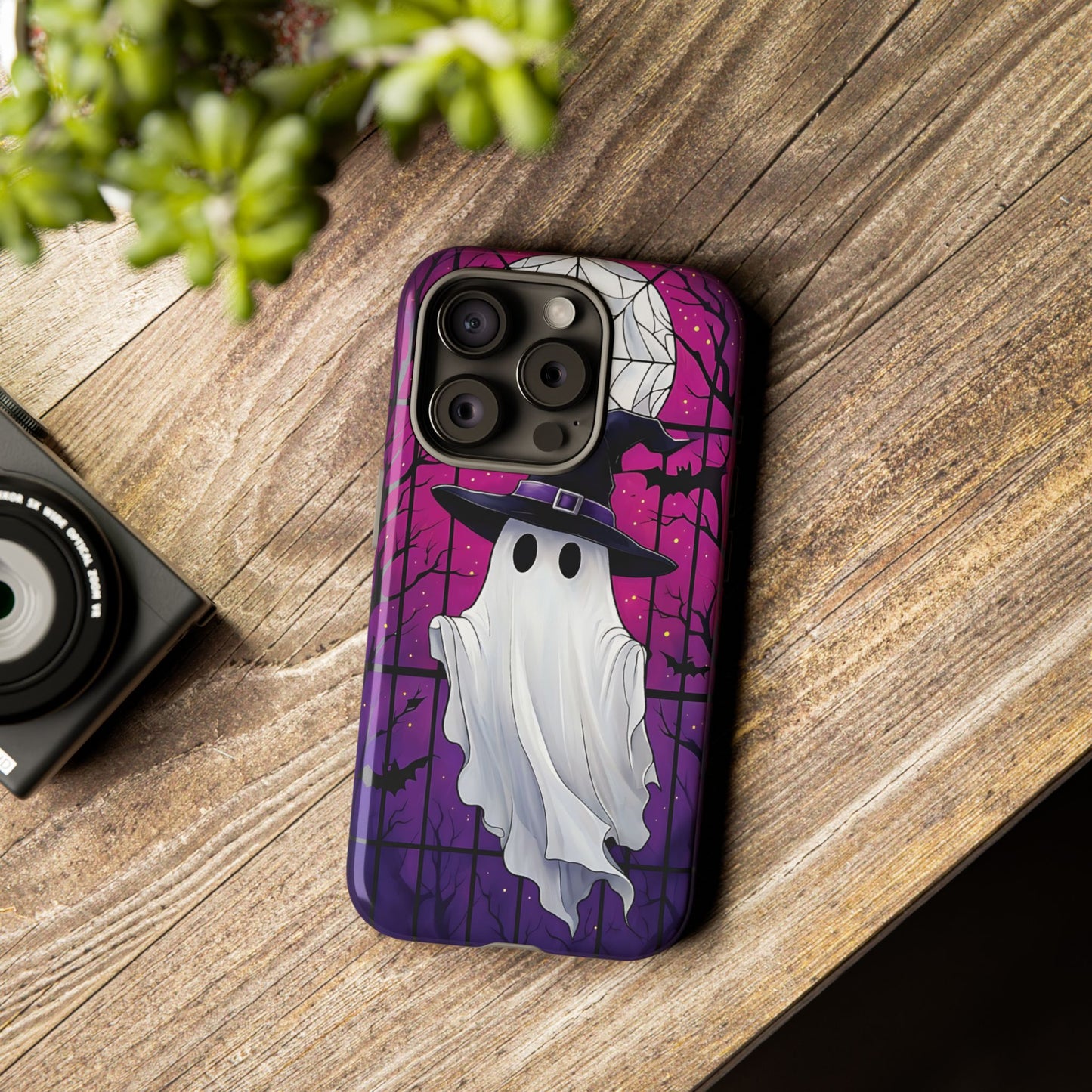 Stylized Halloween Illustration of a Ghost in Stained Glass  phone case design.
