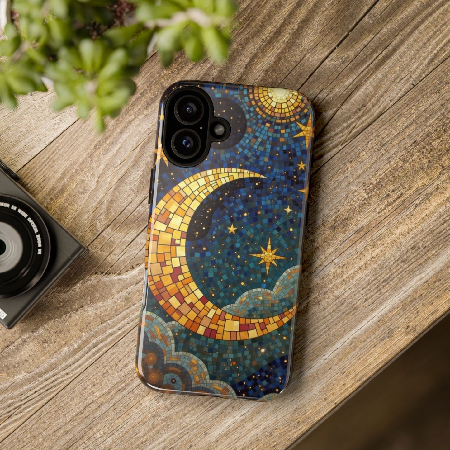 Golden Crescent: Mosaic Moon and Starry Night