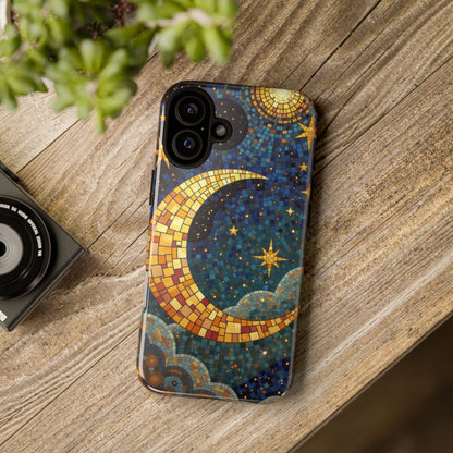 Golden Crescent: Mosaic Moon and Starry Night