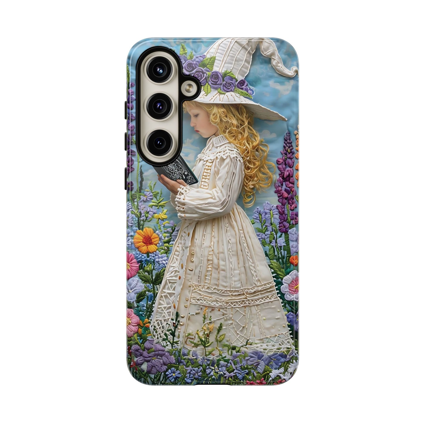 Whimsical Embroidery Of A Girl Reading In A Garden phone case design.