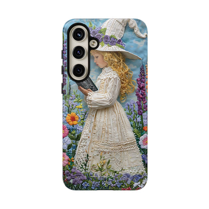 Whimsical Embroidery Of A Girl Reading In A Garden phone case design.