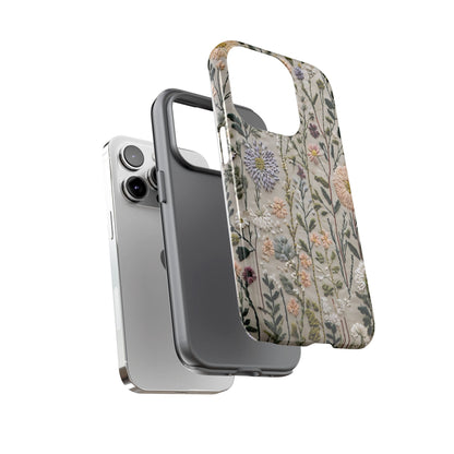 Intricate Embroidery Artwork Featuring Botanical Elements On Beige phone case design.