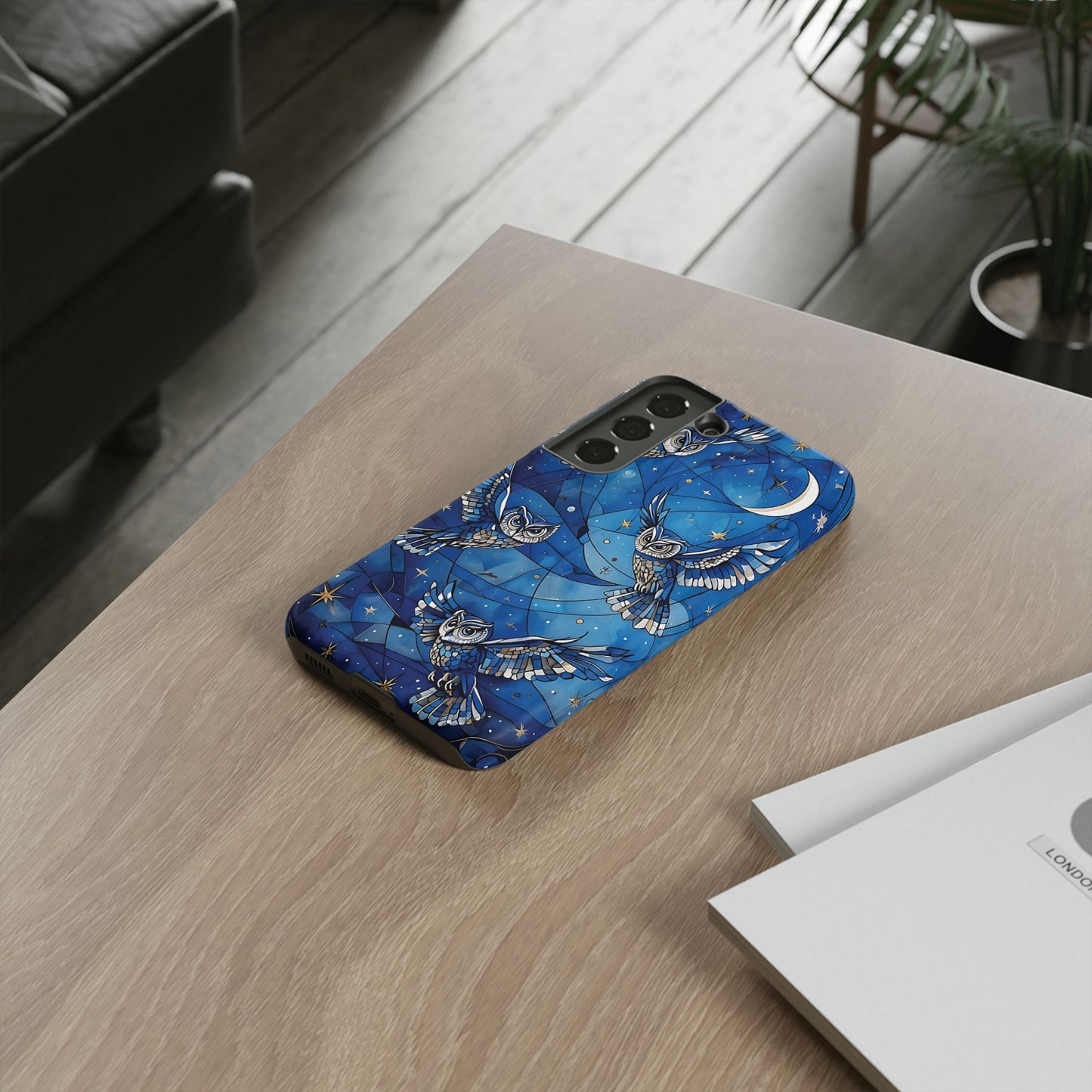 Surrealistic Owls Soaring Through A Celestial Night Sky phone case design.