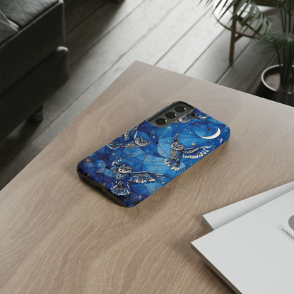 Surrealistic Owls Soaring Through A Celestial Night Sky phone case design.