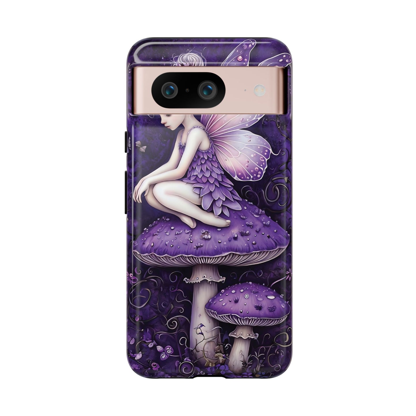 Whimsical Fairy Seated On Purple Mushroom In Enchanting Scene phone case design.