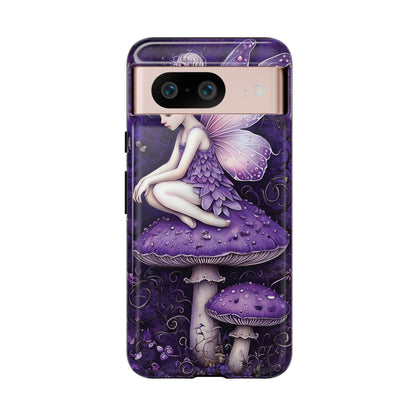 Whimsical Fairy Seated On Purple Mushroom In Enchanting Scene phone case design.