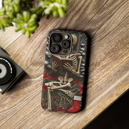 Surreal Relief Sculpture of Skeleton Reading Amidst Festive Decor phone case design