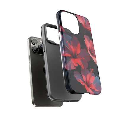 Vibrant red and pink hibiscus flowers blooming against a dark background| Floral phone case design