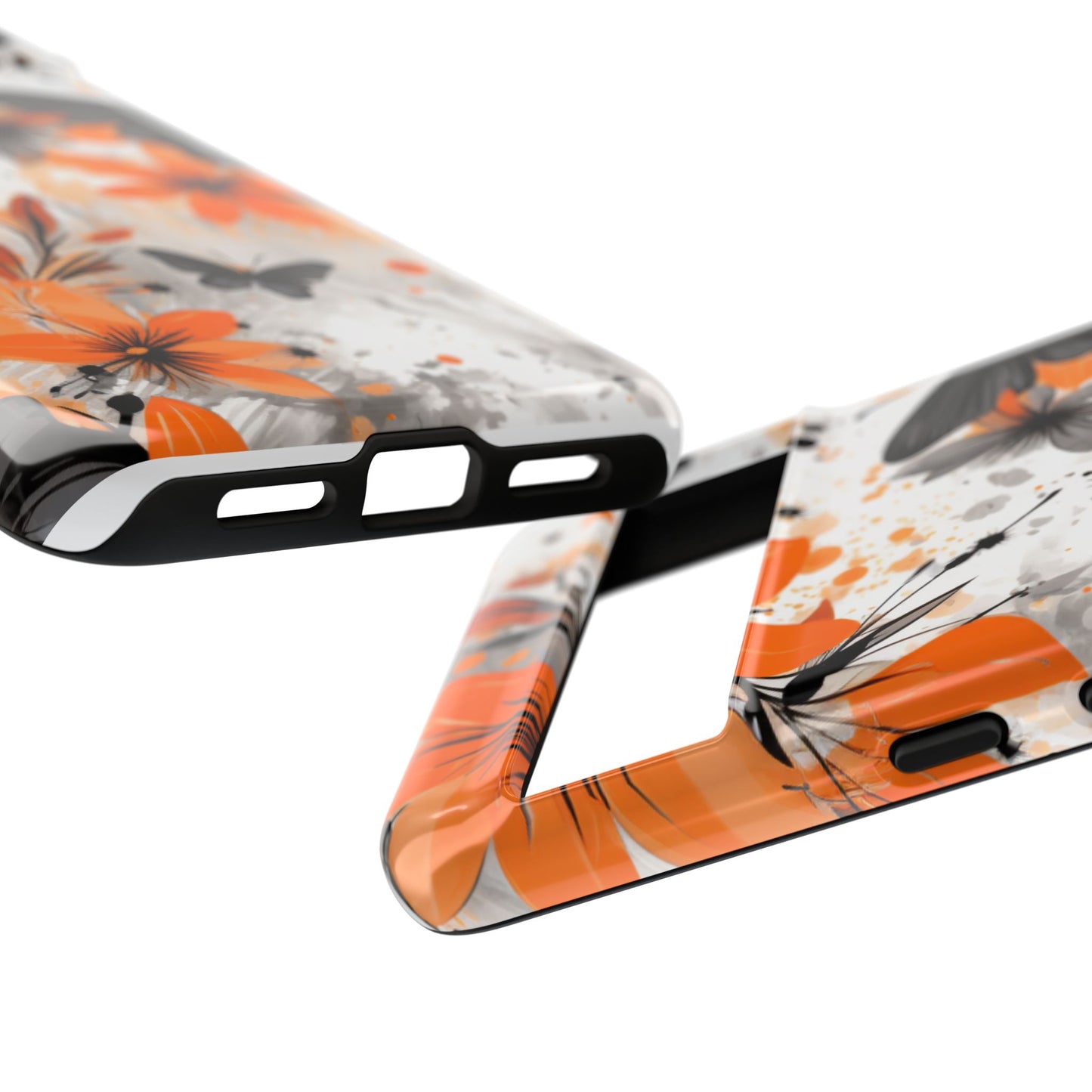 Bold Butterfly & Floral Splash Mobile Cover – Black & Orange Aesthetic