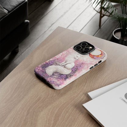Whimsical White Fox Surrounded By Lavender And Pink Blooms phone case design.