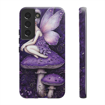 Whimsical Fairy Seated On Purple Mushroom In Enchanting Scene phone case design.
