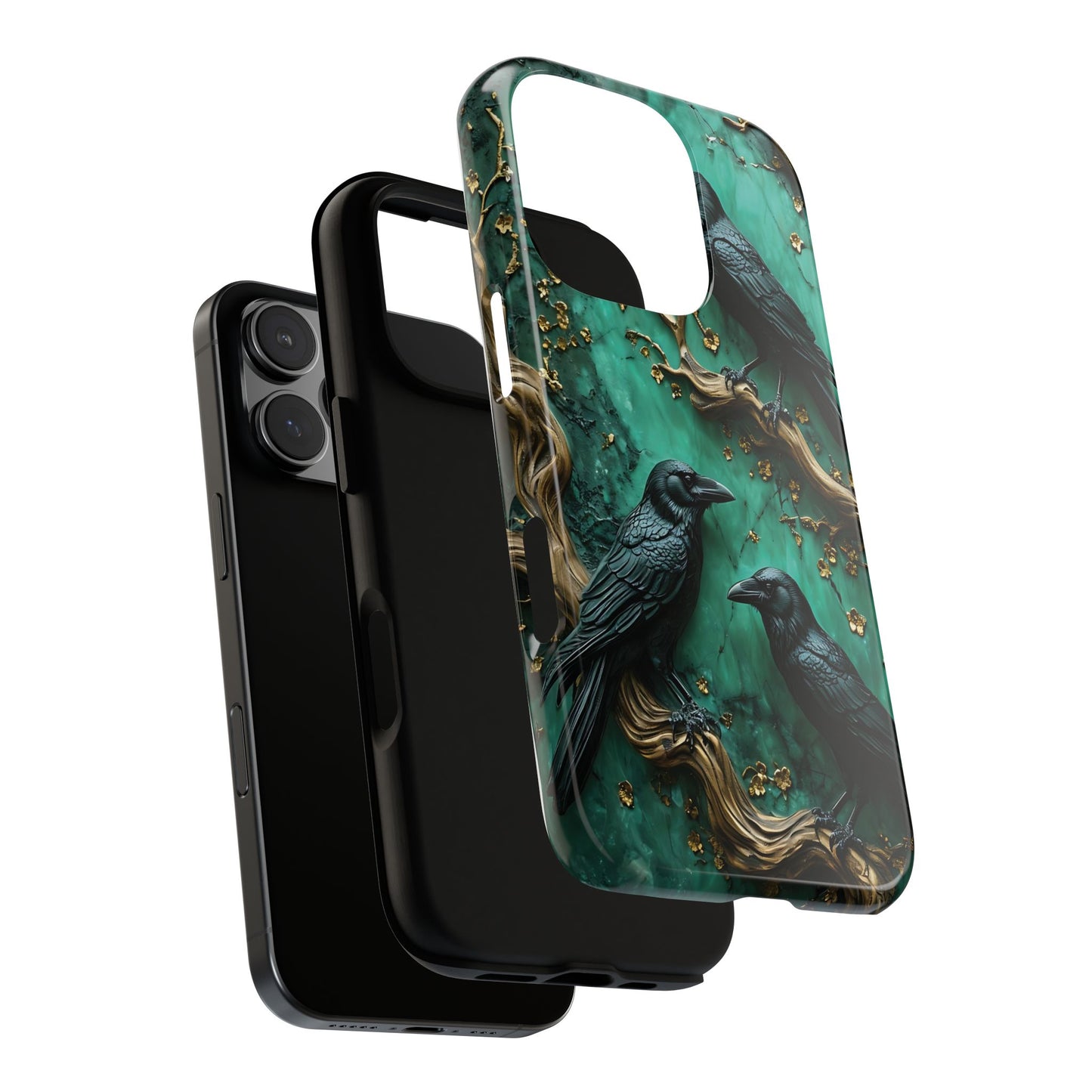 Three Black Ravens Perched On Gold-Accent Branches phone case design