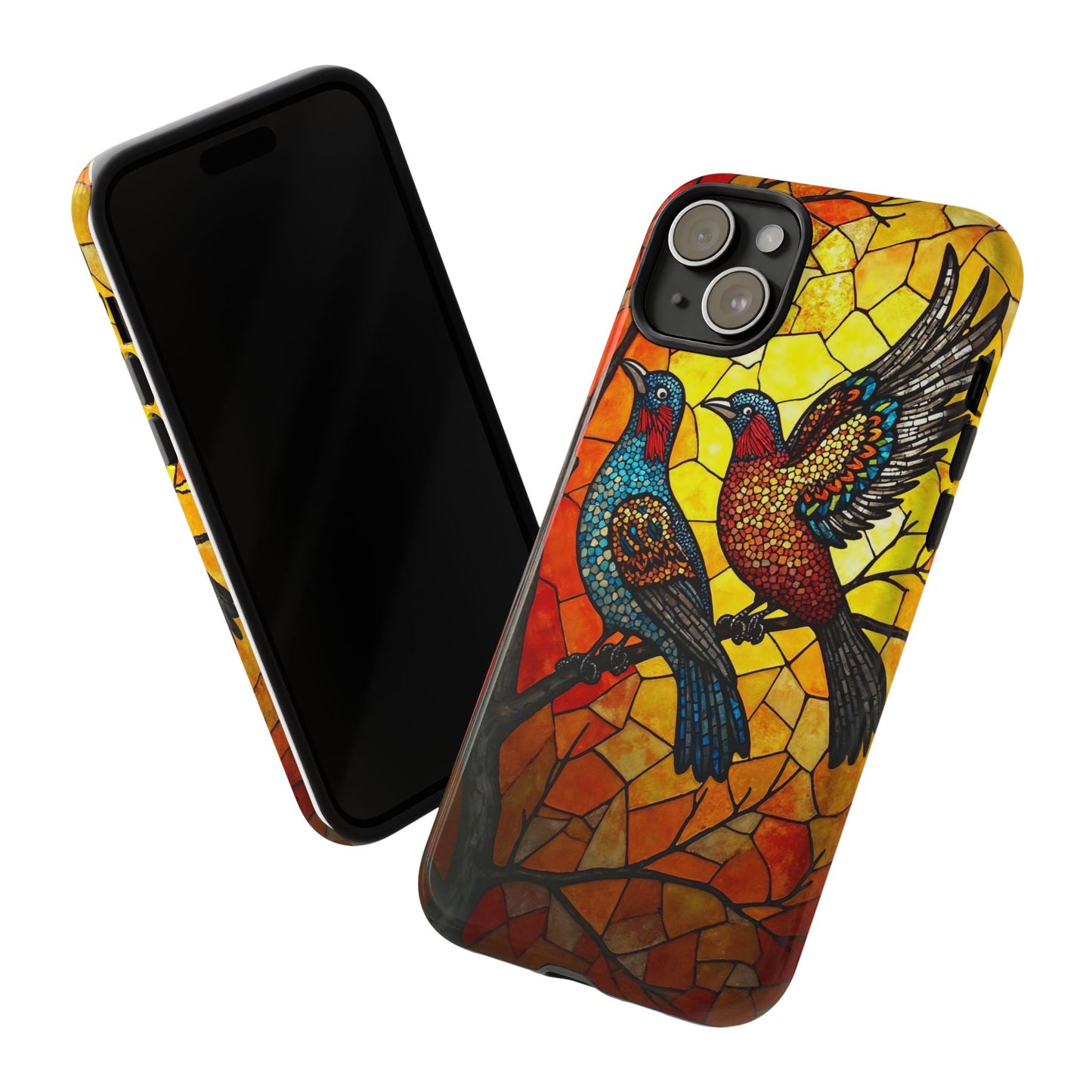 Vibrant Hummingbirds with Stained Glass Charm