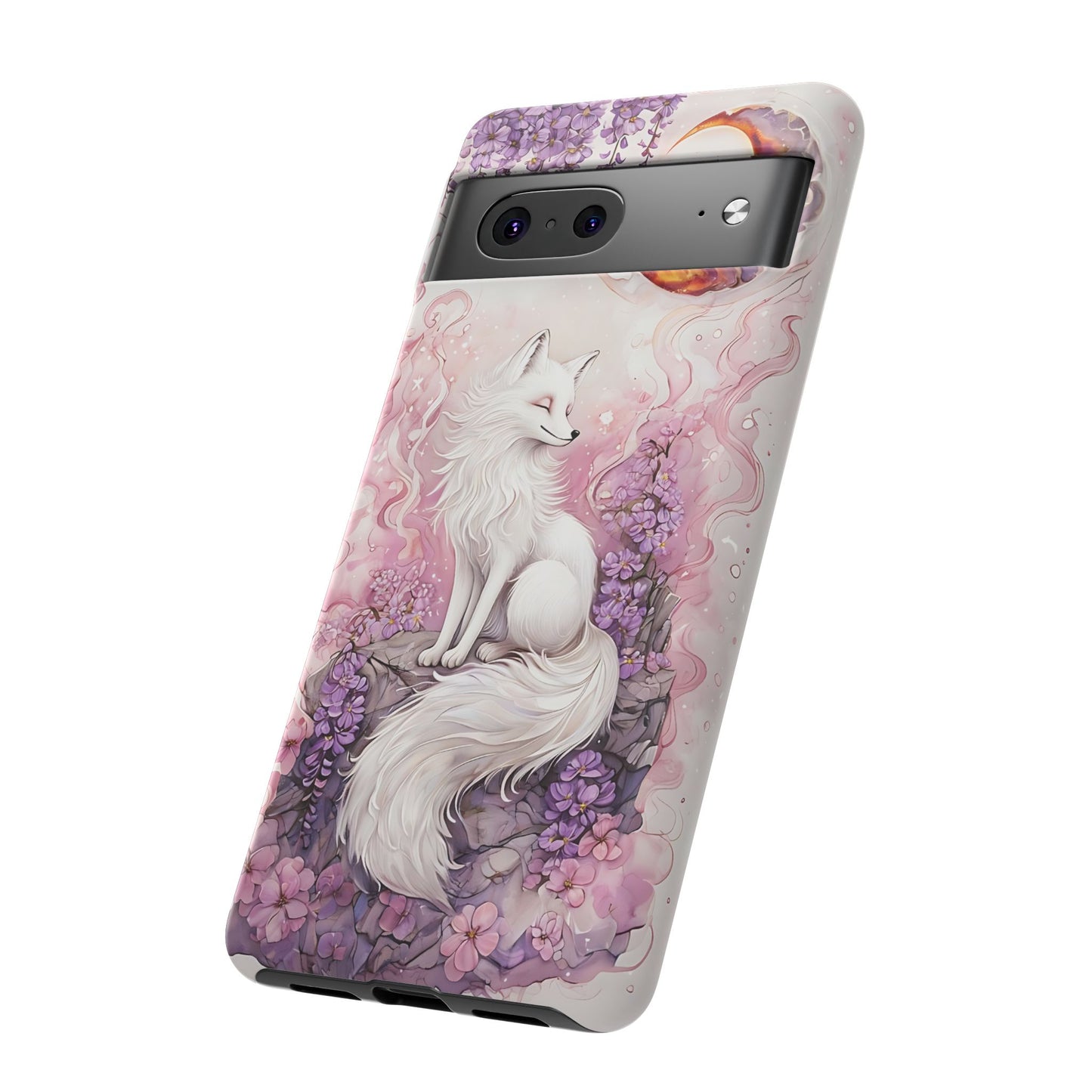 Whimsical White Fox Surrounded By Lavender And Pink Blooms phone case design.