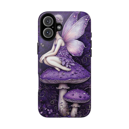 Whimsical Fairy Seated On Purple Mushroom In Enchanting Scene phone case design.