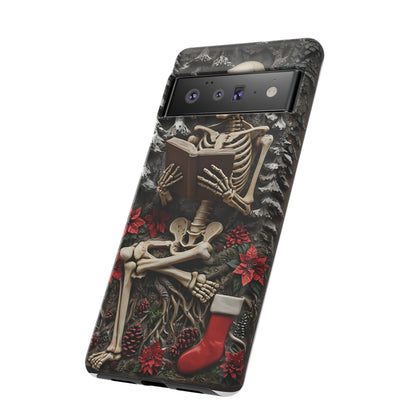 Surreal Relief Sculpture of Skeleton Reading Amidst Festive Decor phone case design