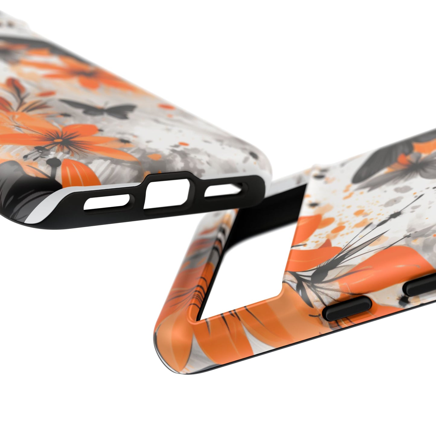 Bold Butterfly & Floral Splash Mobile Cover – Black & Orange Aesthetic