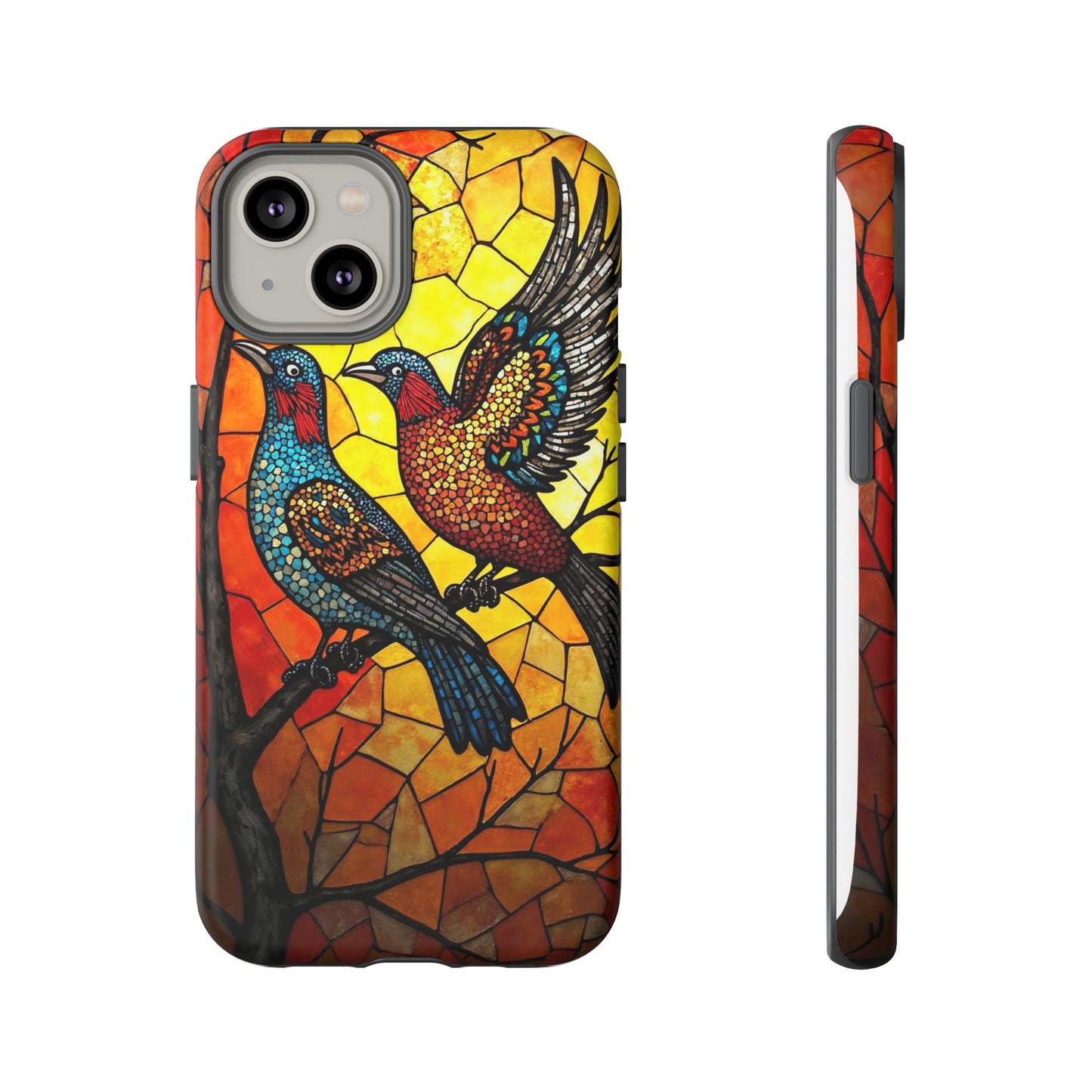 Vibrant Hummingbirds with Stained Glass Charm