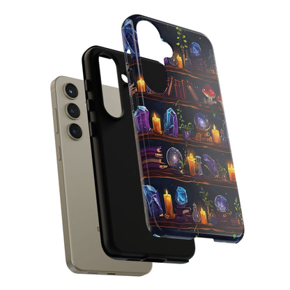 Fantasy Seamless Pattern Of Wooden Shelves Filled With Mystical Items phone case design.