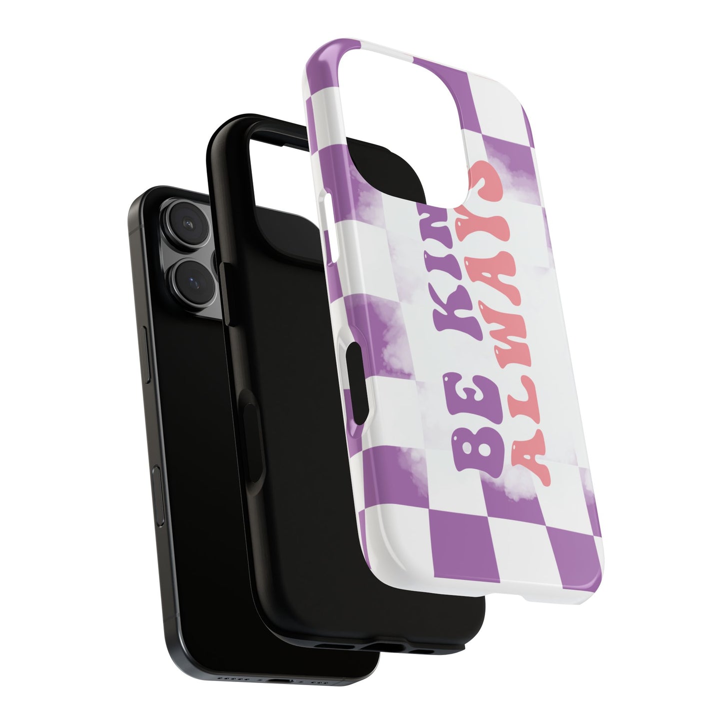 Be Kind Always Phone Case, Motivational Quote Cover for iPhone, Samsung & Google Pixel White Purple Checkered Pattern Phone Cover, Wavy Text Case, Kindness Phone Case, Inspirational Gift