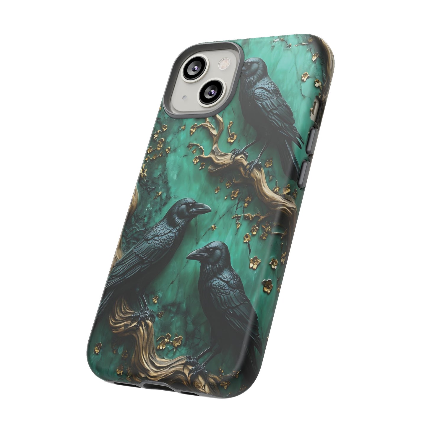 Three Black Ravens Perched On Gold-Accent Branches phone case design