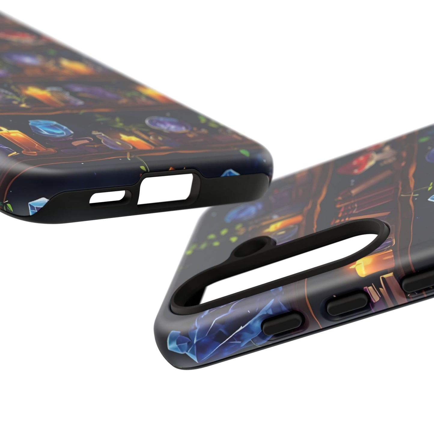 Fantasy Seamless Pattern Of Wooden Shelves Filled With Mystical Items phone case design.