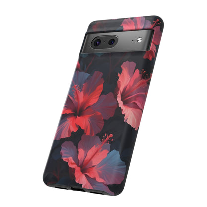 Vibrant red and pink hibiscus flowers blooming against a dark background| Floral phone case design