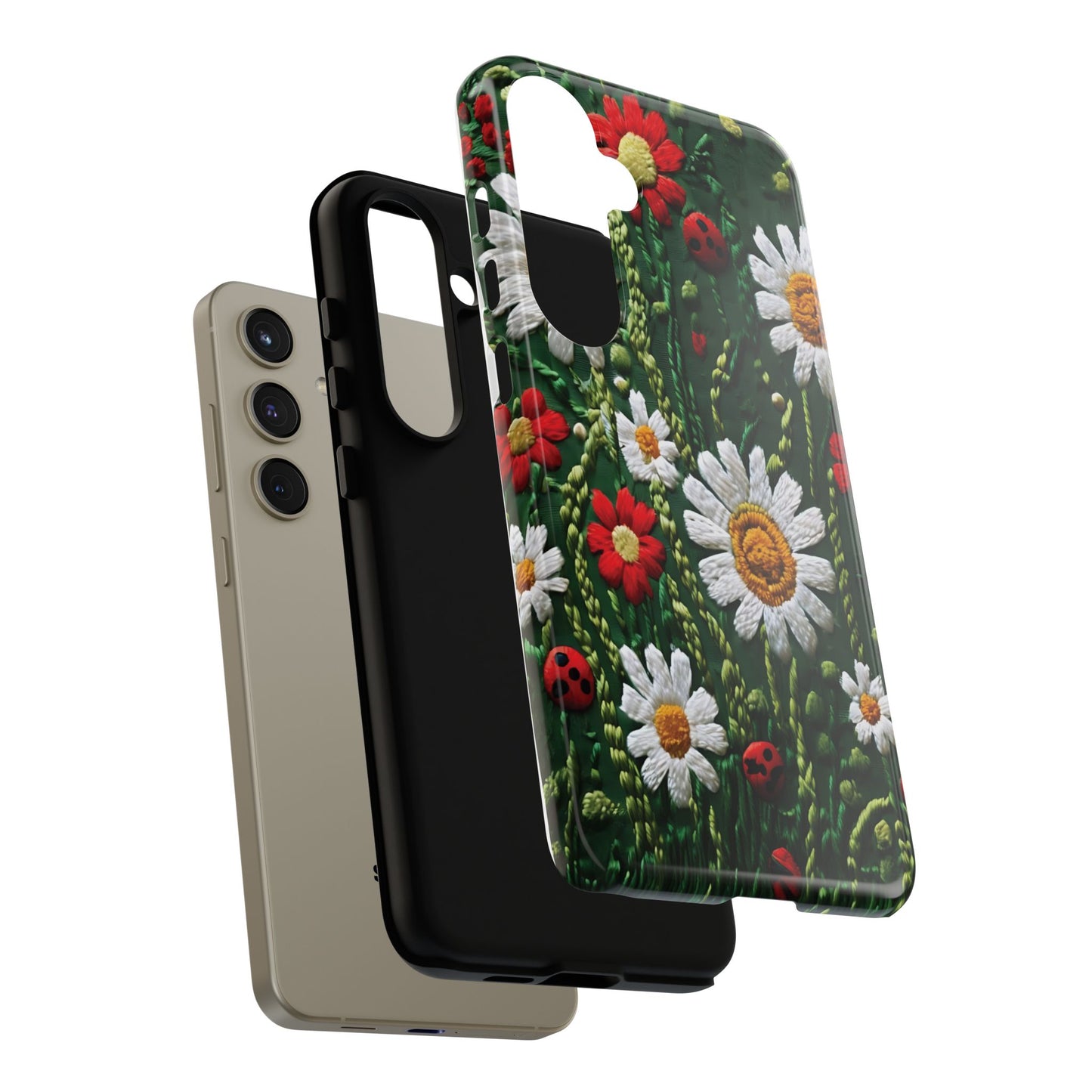 Intricate Embroidered Fabric Featuring Daisies And Ladybugs phone case design