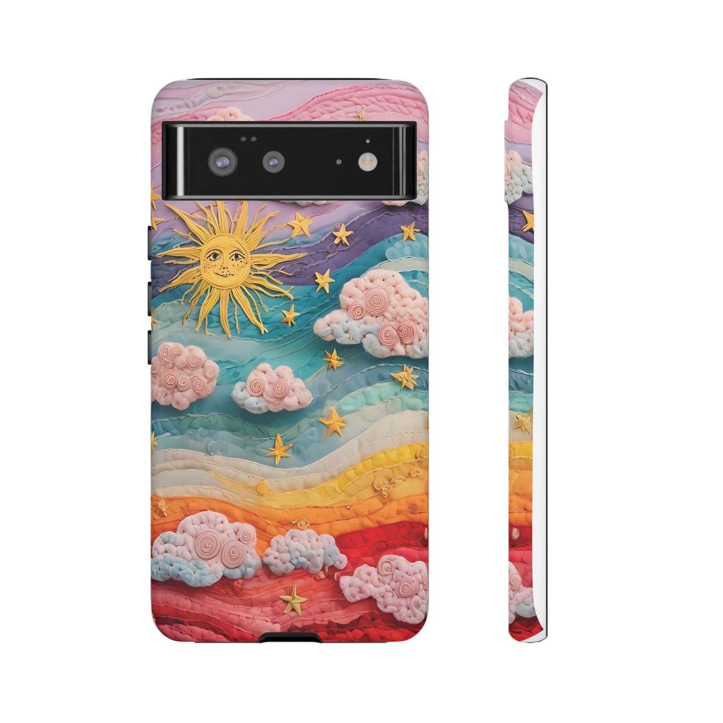 Whimsical Fiber Art Sky Scene With Dynamic Stripes And Clouds phone case design.