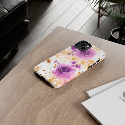 Purple Bloom Watercolor Mobile Case – Artistic Elegance in Gold & Lilac