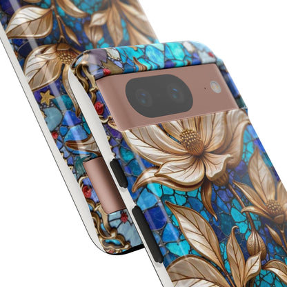 Golden Blossoms on Mosaic Blue Elegance