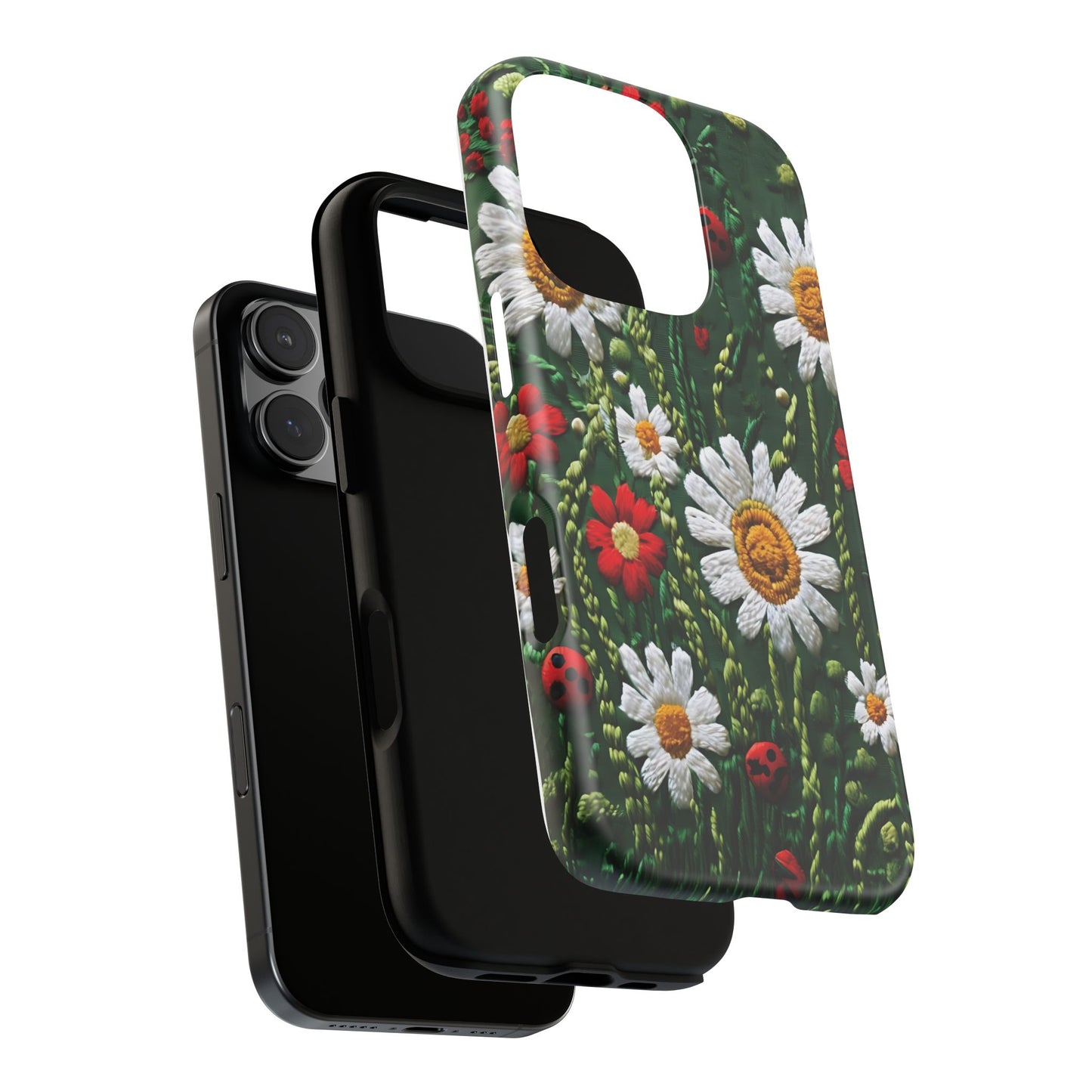 Intricate Embroidered Fabric Featuring Daisies And Ladybugs phone case design