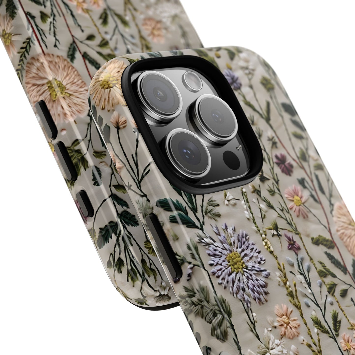 Intricate Embroidery Artwork Featuring Botanical Elements On Beige phone case design.