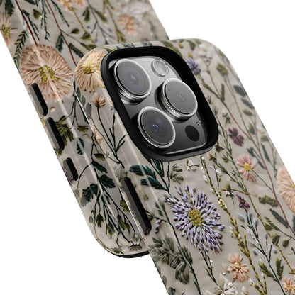 Intricate Embroidery Artwork Featuring Botanical Elements On Beige phone case design.