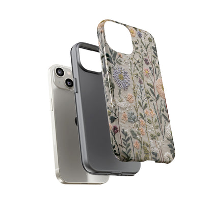 Intricate Embroidery Artwork Featuring Botanical Elements On Beige phone case design.