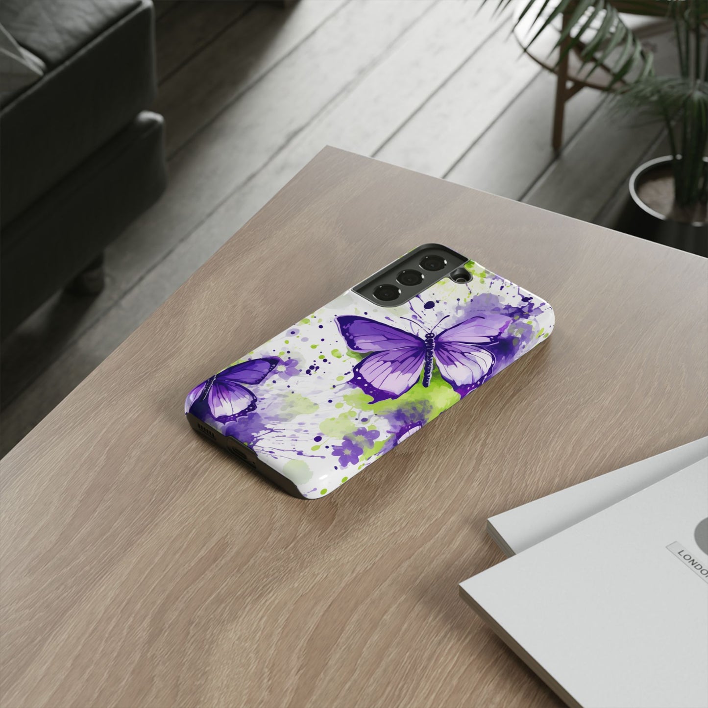 Vibrant Purple Butterfly Splash Mobile Cover – Artistic Green & Violet Aesthetic