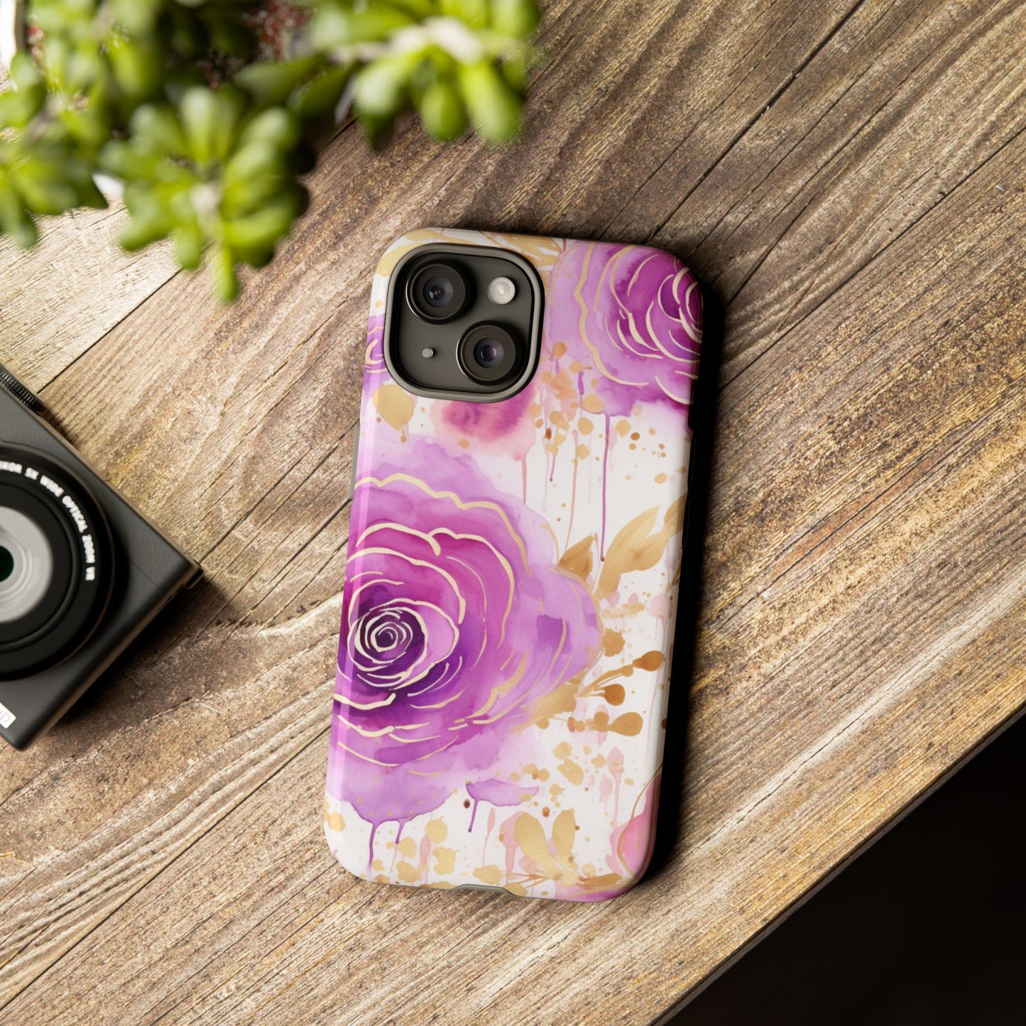 Elegant Purple-Gold Watercolor Rose Mobile Case