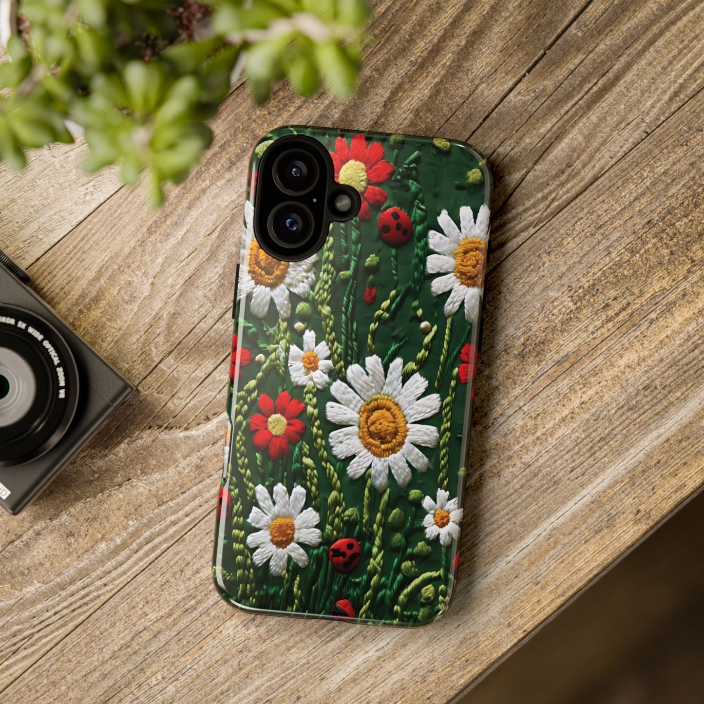 Intricate Embroidered Fabric Featuring Daisies And Ladybugs phone case design