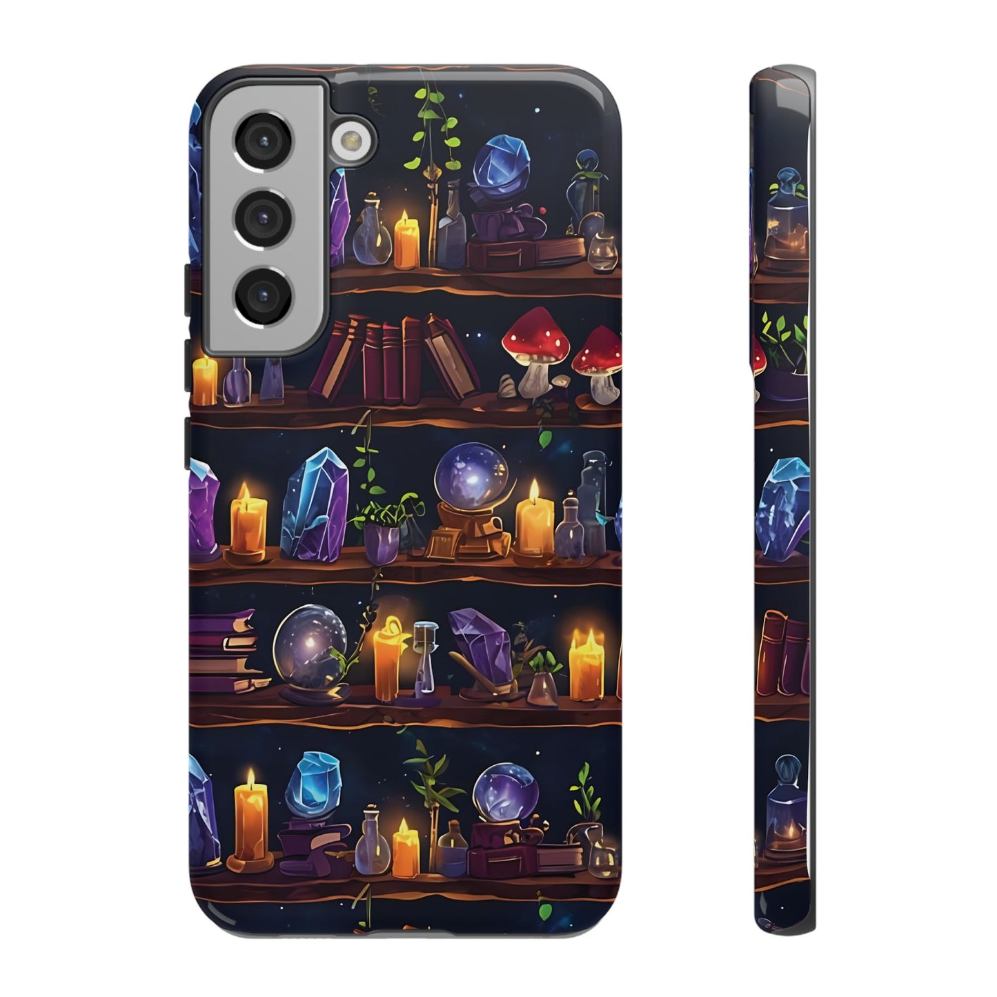 Fantasy Seamless Pattern Of Wooden Shelves Filled With Mystical Items phone case design.